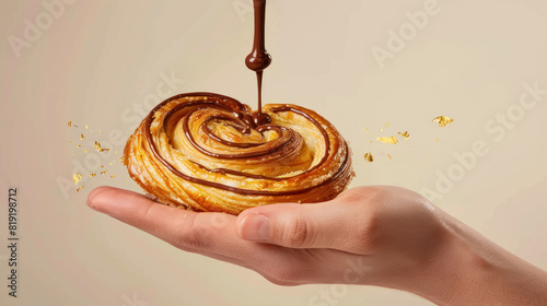 delicious palmier pastry with chocolate drizzle and golden flakes in a woman's hand photo