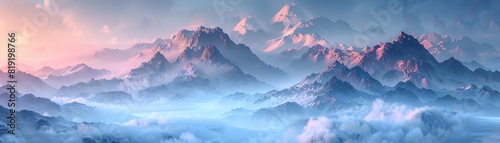 A beautiful landscape of snow-capped mountains in the distance with aDan Dan blue sky and white clouds. The foreground is a lush green valley with a river running through it.