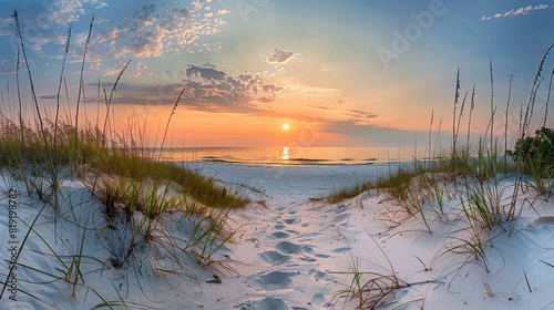 Seaside Sunset: Sand, Grass, and Ocean Waves against a blurred background of beach and sky