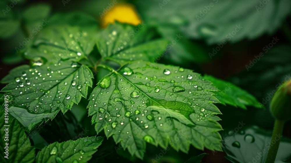 Lush green leaf with sparkling dew drops, capturing the fresh essence of early summer's litha celebration in a serene, natural setting Lush green leaf with sparkling dew drops, capturing the fresh essence of early summer's litha celebration in a serene, natural setting