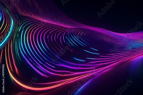 Generate a description of an electrifying 3D-rendered artwork showcasing a curved neon wave with an iridescent holographic quality.