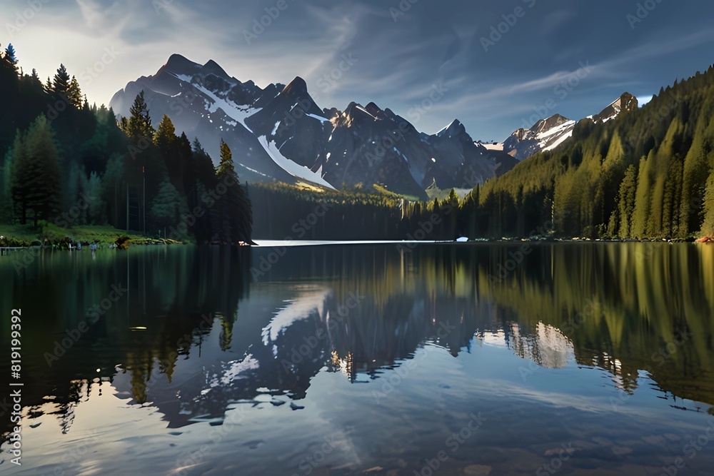 Mountain lake. Mountain panorama with lake, forest and blue sky
