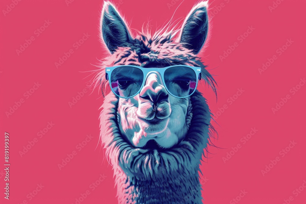 A llama wearing sunglasses on a vibrant red background. Ideal for summer-themed designs