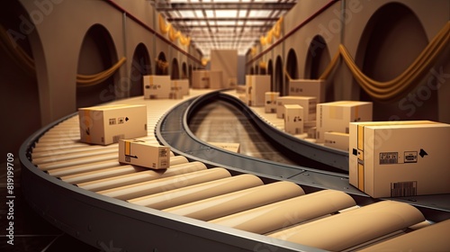 Conveyor belt with cardboard boxes in warehouse.