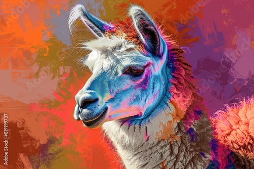 Close-up of a llama on a vibrant background, perfect for animal lovers and nature enthusiasts