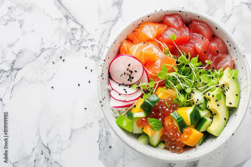 top view of a vibrant poke bowl with fresh ingredients on marble background