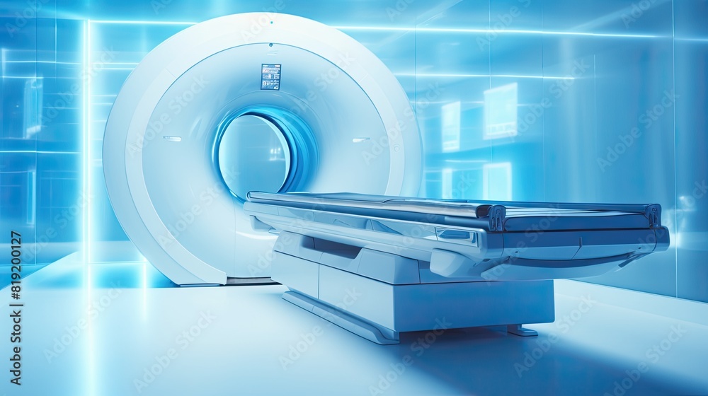 MRI scanner on blue background with blue lights MRI scanner on blue background with blue lights