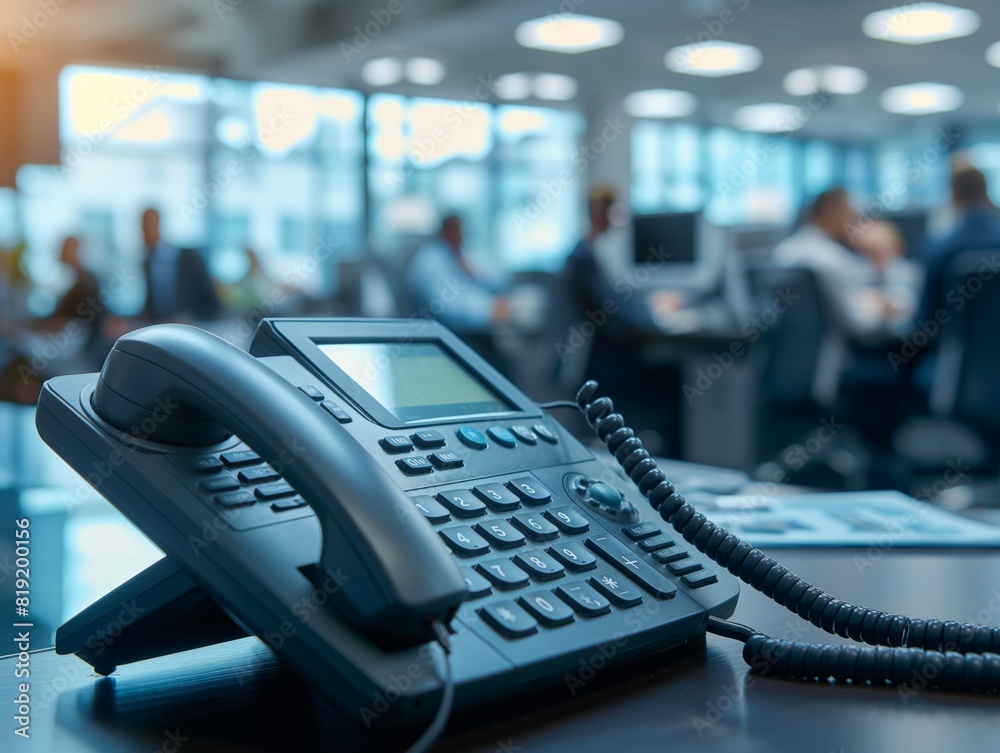 A black phone with a cord hanging off it sits on a desk. The desk is in a room with several people sitting at desks and chairs