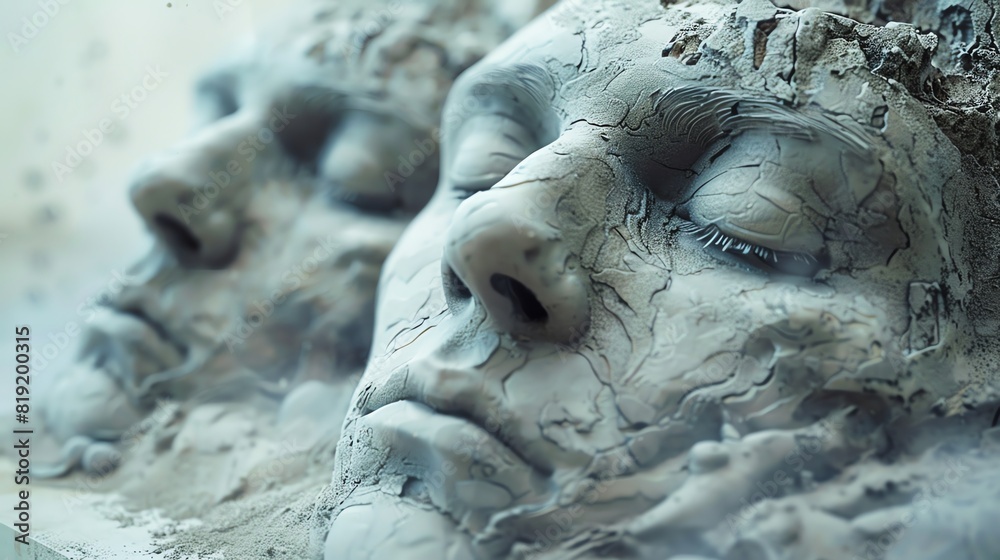 A close-up of two human faces, made of clay. The faces are serene and peaceful. The background is out of focus and is a light blue color. A close-up of two human faces, made of clay. The faces are serene and peaceful. The background is out of focus and is a light blue color.