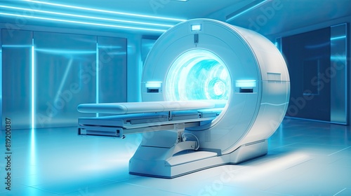 X-ray machine in modern medical room with blue walls