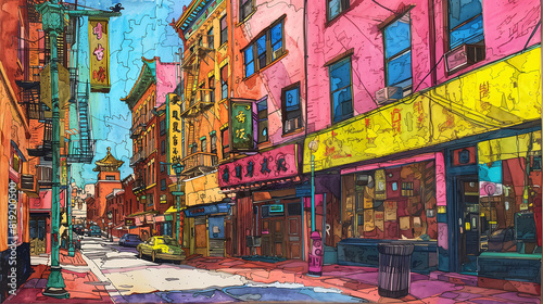 Colorful drawing of the streets in San Francisco's Chinatown, highly detailed and colorful. The drawing is vibrant and detailed  © Mau Martinez Cosio