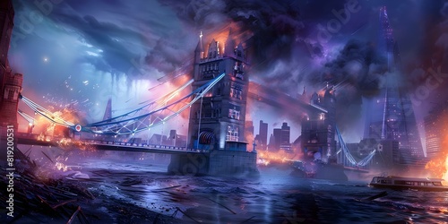 Tower Bridge in London engulfed in flames amidst a catastrophic scene of devastation and disorder. Concept Fire Emergency, Disaster Response, City Destruction, London Landmark, Tragedy Impact