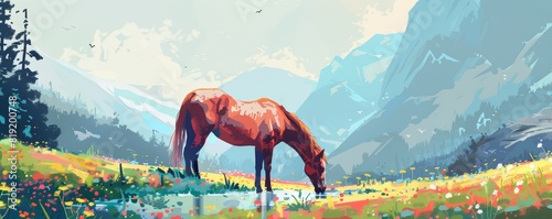 Horse grazing in mountain meadow flat design side view rural life theme water color Analogous Color Scheme photo