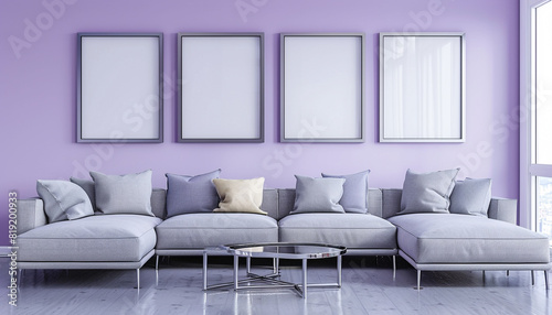 Quadruple blank frames  pastel violet wall  slate grey sectional  modern chrome table  ultra HD image.