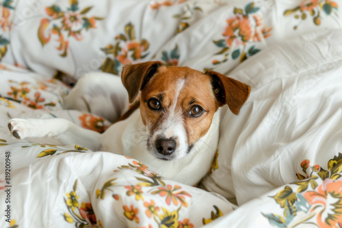 adorable jack russell terrier lying in a floral printed bed, looking up