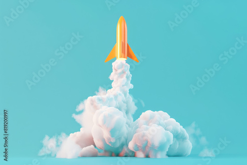 3d direction arrows blasting off upwards with a cloud of white smoke  cute 3d rendering  solid color background