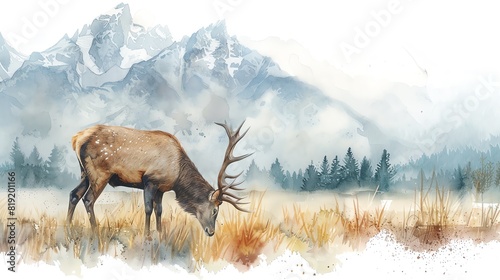 An elk stands in a field of grass  grazing peacefully