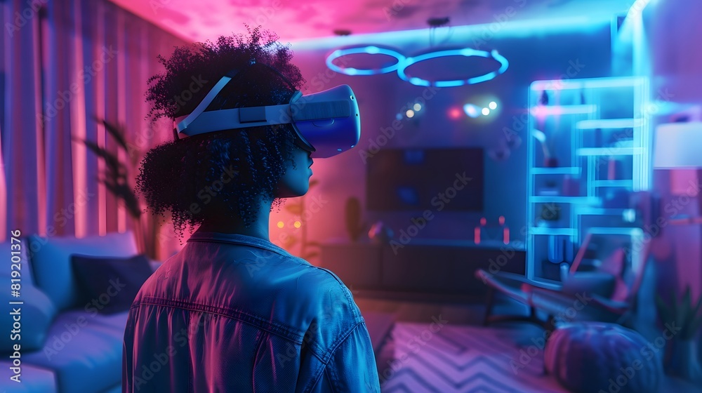 Isometric 3D render of a person wearing a VR headset, standing in a modern living room with futuristic decor and ambient lighting Isometric 3D render of a person wearing a VR headset, standing in a modern living room with futuristic decor and ambient lighting