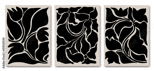Monochrome Floral Triptych: Abstract Art Panels