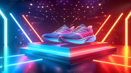 Isometric 3D render of a pair of running shoes showcased on a dynamic, angular podium with energetic lighting and a vibrant backdrop