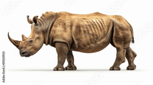 A powerful rhino standing on a plain white surface. Perfect for wildlife concepts