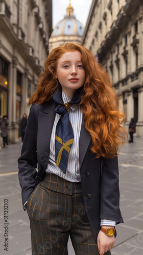 Stylish Woman with Red Hair Wearing Formal Outfit in Urban Setting, Fashionable Look, City Street Background, Confident Pose, Modern Fashion, Young Professional, Trendy Attire, Urban Lifestyle © augieloinne