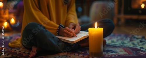Person practicing mindfulness with a journal and candle. photo