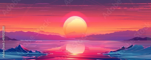Retro wave sunset flat design front view 80s nostalgia theme cartoon drawing Complementary Color Scheme