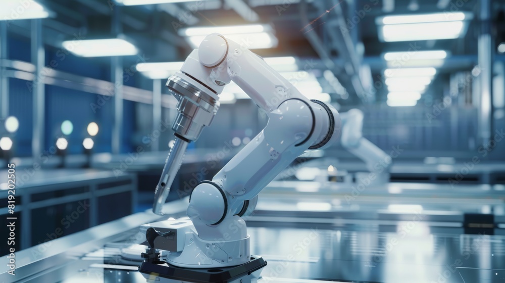 Robotic arm working in a high-tech manufacturing facility. Robotic arm working in a high-tech manufacturing facility.