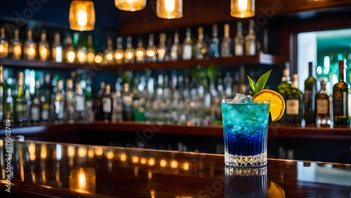 a blue drink is on a bar with a lemon on the counter.