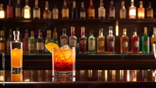 a drink on a bar with a lime wedge on the bar.