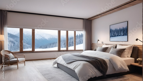 a bedroom with a large window that has a mountain view in the background.