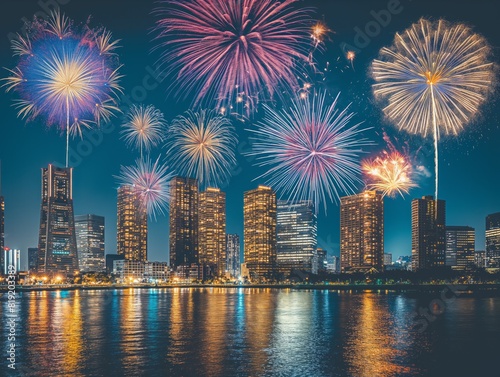 A city skyline is lit up with fireworks on a clear night. The fireworks are in the air and are scattered throughout the sky © MaxK