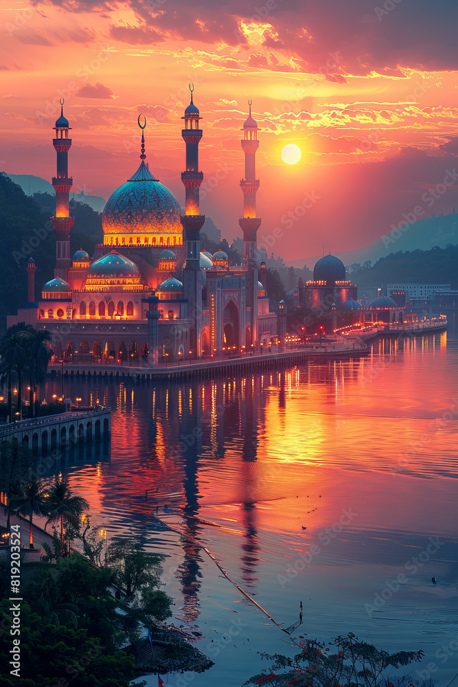 Fototapeta premium Islamic mosque and minarets against a sunset sky.