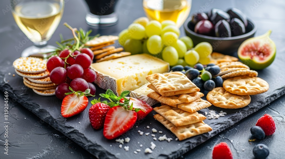 Artisan cheese board with crackers and fruits.