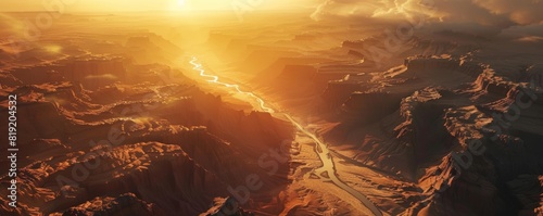 Aerial view of the Grand Canyon at sunrise.