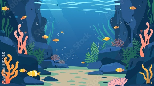 Aquarium with diverse marine life flat design front view underwater world theme animation Tetradic color scheme