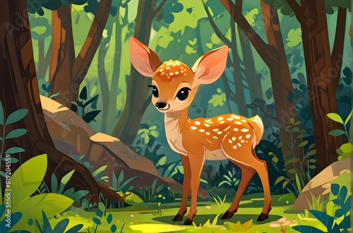 Fawn in the forest  cute little animals book style vector illustration. Generative AI