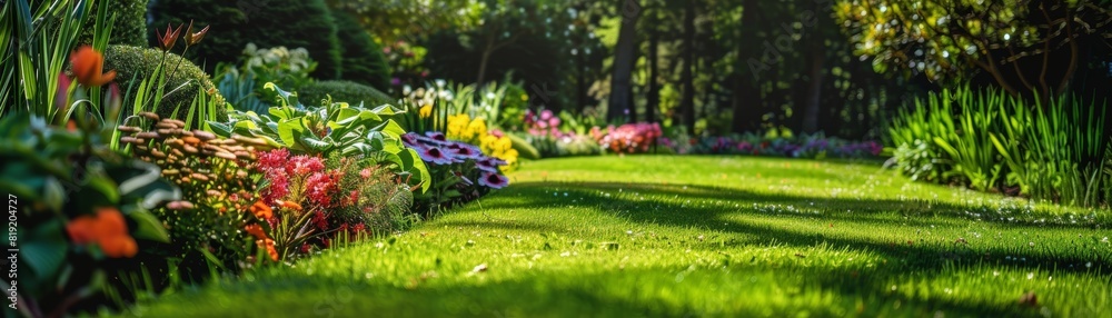 Beautiful garden with colorful flowers and lush greenery.