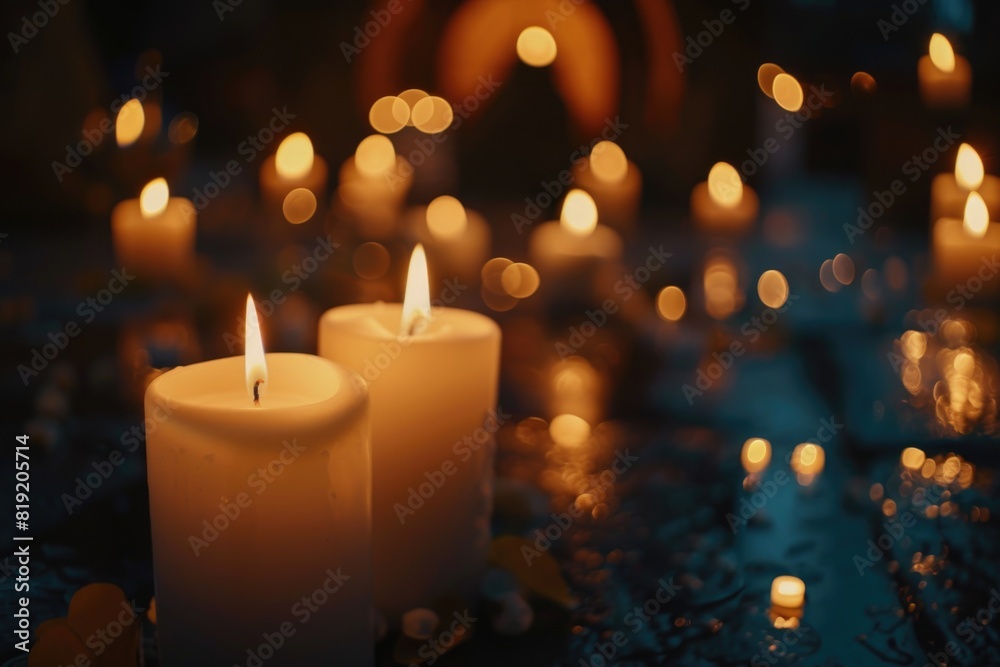 A group of lit candles on a table. Perfect for adding warmth and ambiance to any setting A group of lit candles on a table. Perfect for adding warmth and ambiance to any setting