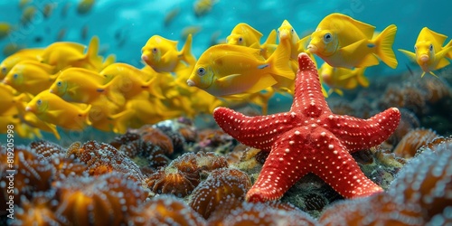 A red starfish sits on the bottom of the ocean, with a school of yellow herring fish above it photo