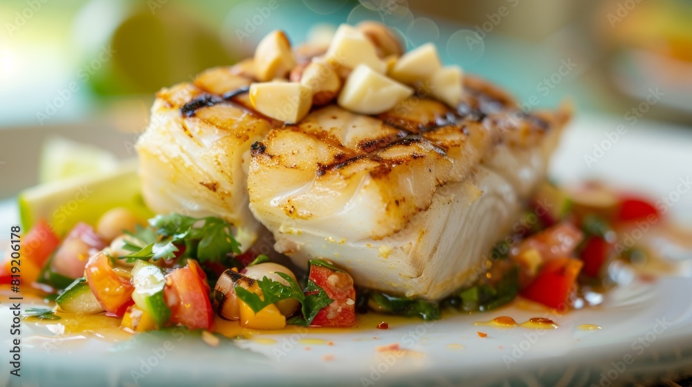 Hawaiian cuisine. Mahi mahi fish with macadamia and salsa. Hawaiian cuisine. Mahi mahi fish with macadamia and salsa.