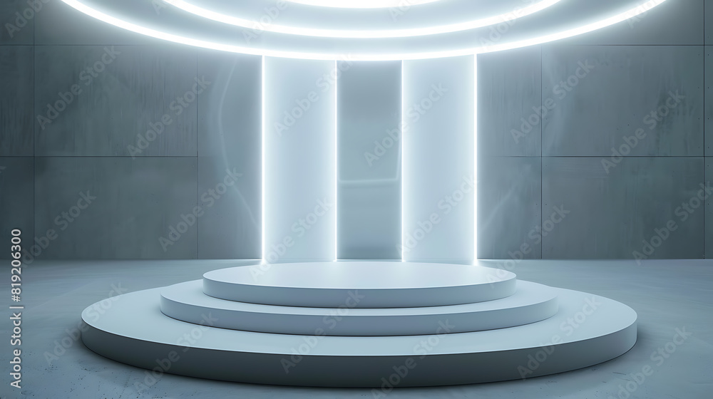 Floating Light Rings Podium: Sleek Metallic Podium with Light Rings