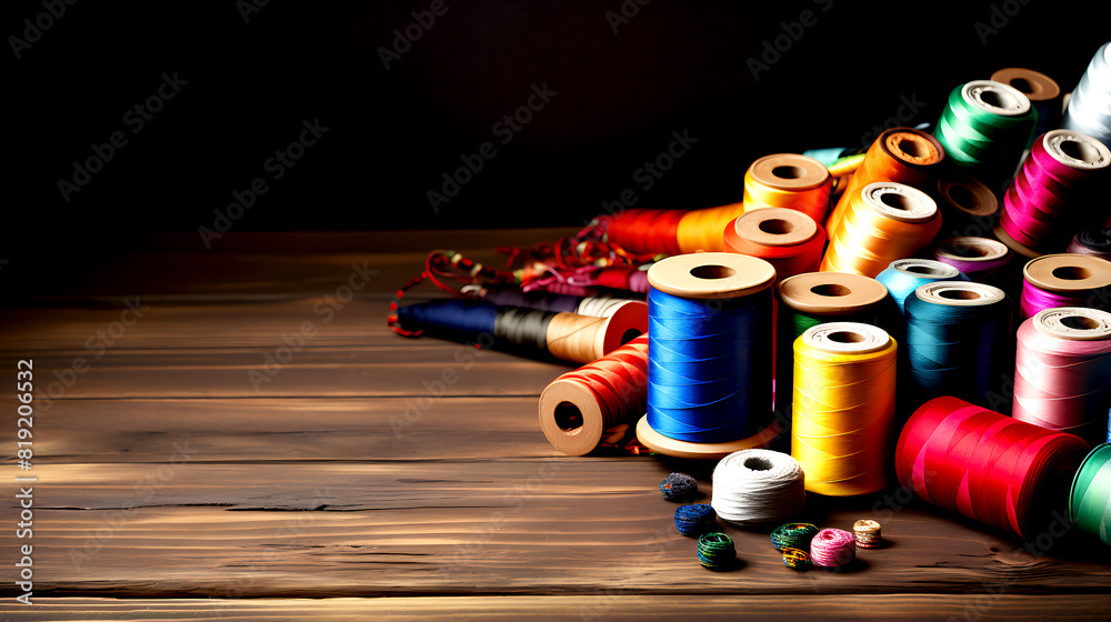 Fototapeta premium Sewing accessories on wooden background