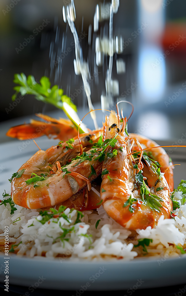 © slonme - Delicious Grilled Prawns Over Rice with Herbs and Seasoning
