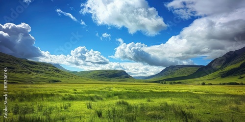 Majestic Scottish Highlands A Serene Green Valley under a Blue Sky photo