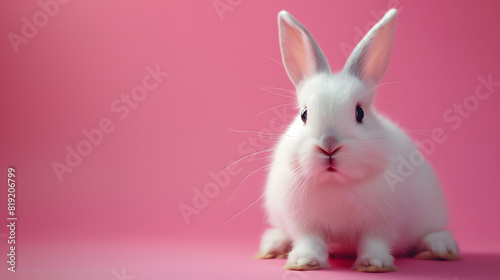 Adorable White Rabbit Sitting Against a Soft Pink Background © slonme