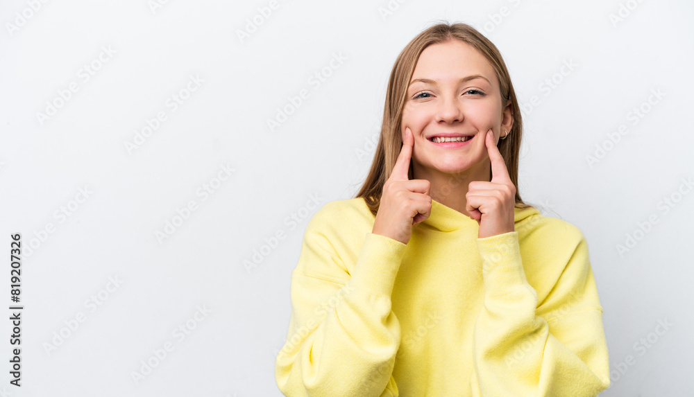 Young Russian woman isolated on white background smiling with a happy and pleasant expression Young Russian woman isolated on white background smiling with a happy and pleasant expression