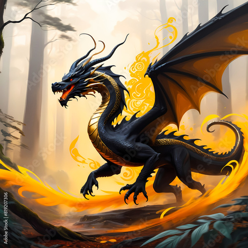 Fiery black and golden dragon on the wall, fantasy background 