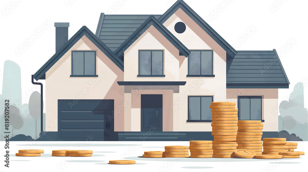 Charming Illustration of a Brick House with Coins and Growing Plants Charming Illustration of a Brick House with Coins and Growing Plants